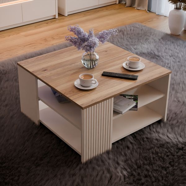 Forte OAK SQUERE Couchtisch 80, eleganter Sofatisch mit Ablageflächen, Holzwerkstoff, Mauvella Eiche Holzdekor / Sand, 80 cm breit x 45 cm hoch x 80 cm tief