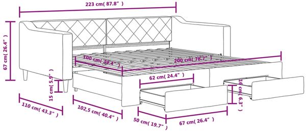 vidaXL Tagesbett Ausziehbar mit Schubladen Dunkelgrau 100x200 cm Stoff 3197468 Bild 12