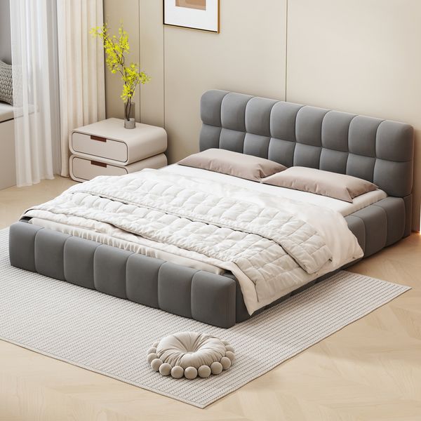 Polsterbett 140x190 vollgepolstert, Baumwolle-Leinen grau Doppelbett mit integriertem Matratzenrahmen & weichem Kopfteil