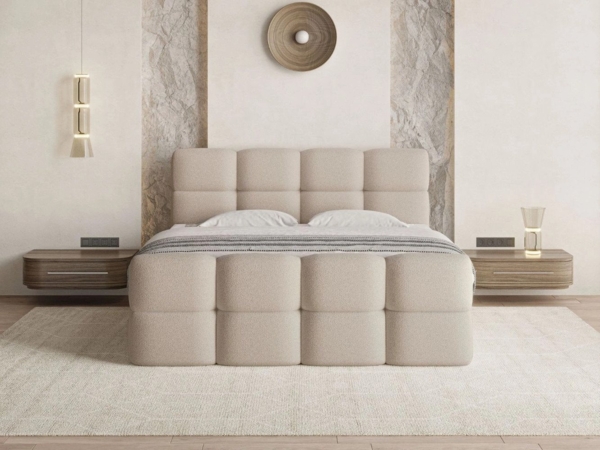 GrainGold Boxspringbett mit Bettkästen RIVON, Modern Bett mit Kopfteil - 140x200 cm, Beige (1x Bett + 1x Topper)