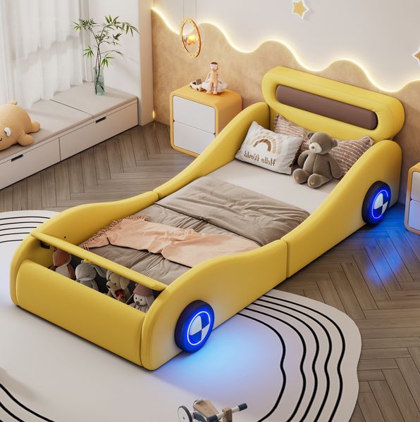 Kinderbett PU im Autodesign mit LED-Rädern & Stauraum, 90x200 cm, Gelb, ohne Matratze