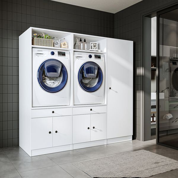 Roomart Schrankwand mit Schrankaufsätzen für Waschmachine & Trockner • 201 cm Breit • Weiß
