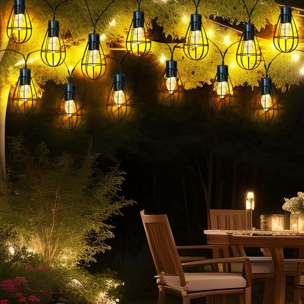 LED Solar-Lichterkette, 20x Retro Gitter-Laterne, 200 cm