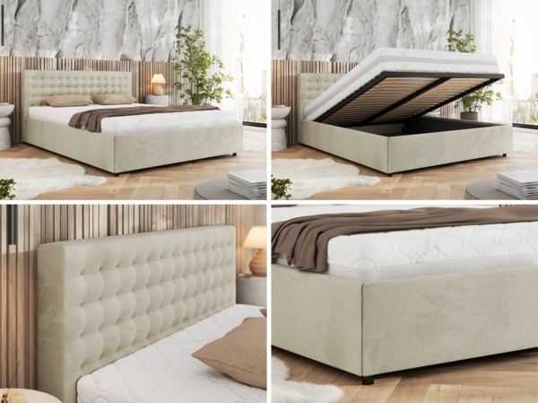 Polsterbett mit Holzlattenrost Doppelbett PAVO CLASSIC, hohe Kopfteil, Bettkasten mit Gasdruckfeder Pocket Matratze - 160x200 cm - Beige Velvet - VIRE LUX Bild 2