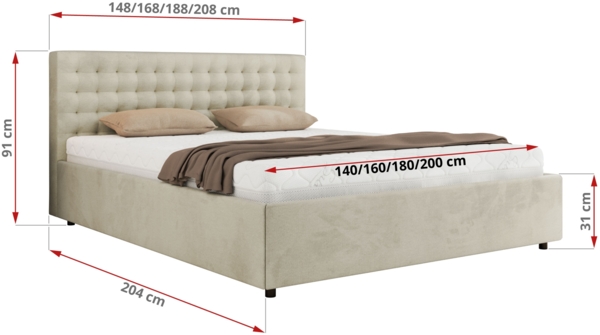 Polsterbett mit Holzlattenrost Doppelbett PAVO CLASSIC, hohe Kopfteil, Bettkasten mit Gasdruckfeder Pocket Matratze - 160x200 cm - Beige Velvet - VIRE LUX Bild 4