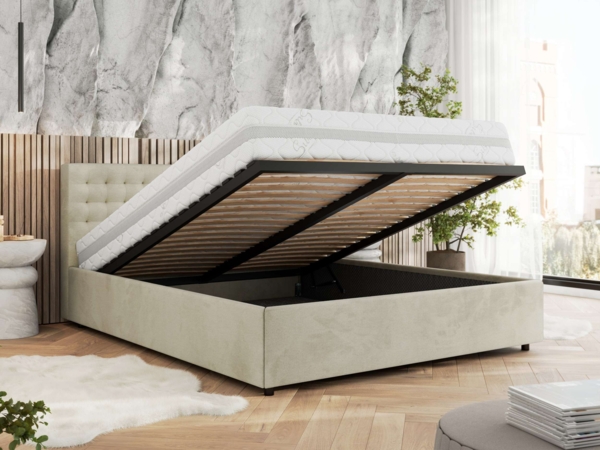 Polsterbett mit Holzlattenrost Doppelbett PAVO CLASSIC, hohe Kopfteil, Bettkasten mit Gasdruckfeder Pocket Matratze - 160x200 cm - Beige Velvet - VIRE LUX Bild 3