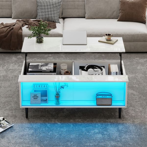 Couchtisch 105 x 50 x 43 cm, höhenverstellbar bis 58 cm, mit Stauraum, LED und Glas-Schiebetüren