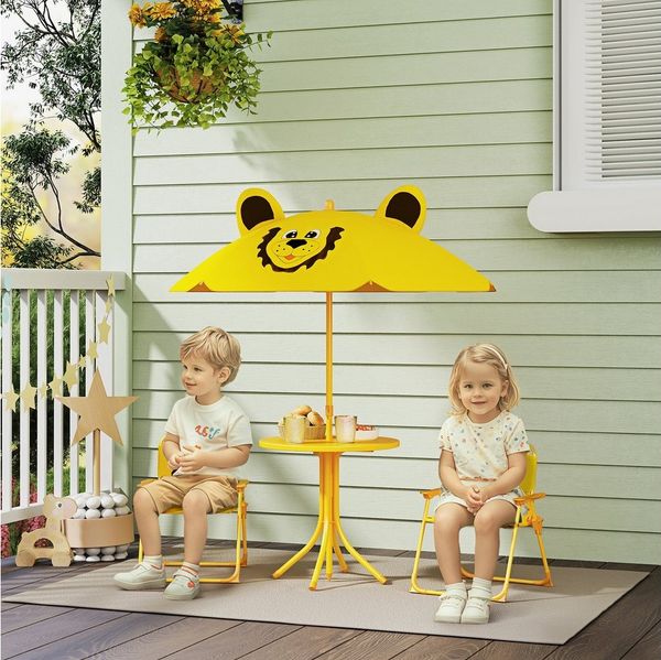 AIYAPLAY Garten-Kindersitzgruppe Kindersitzgarnitur mit höhenverstellbarem Sonnenschirm, (Kindertisch mit 2 Klappstühlen, 4-tlg, Kindersitzgarnitur), für Kinder 2-5 Jahre, für Garten, Hinterhof, Terrasse