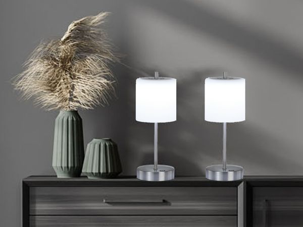 2er SET kabellose Tischlampen Silber / Opalglas dimmbar, Höhe 34,5cm