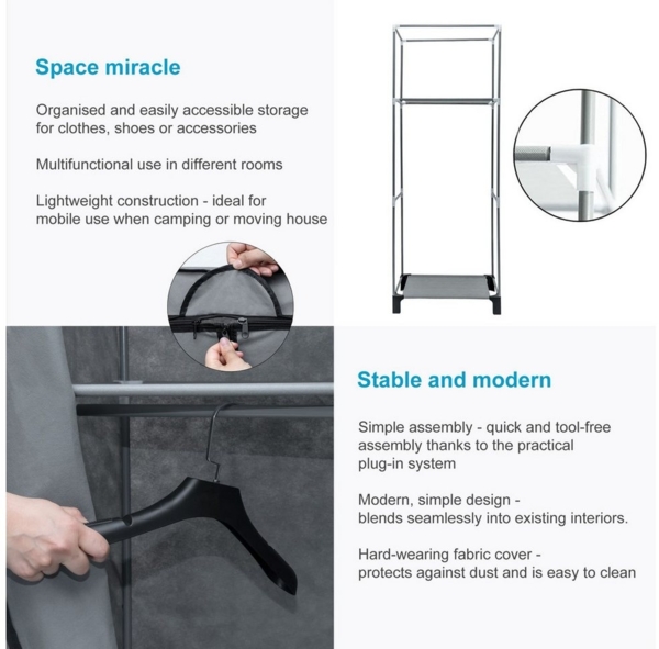 Intirilife Kleiderschrank (Intirilife Faltschrank 68 x 45 x 175 cm in GRAU, 1-St) Faltschrank 68 x 45 x 175 cm Stoffschrank Kleiderschrank Kleiderstange Bild 2