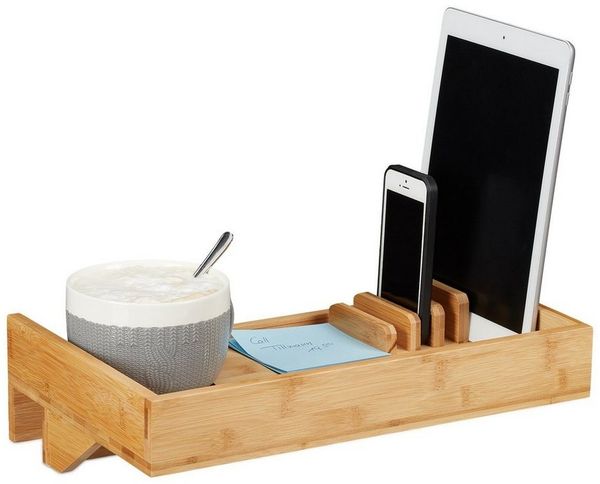 Relaxdays Bettablage, Mini-Nachttisch zum Anklemmen, aus Bambus, Getränkehalter D, platzsparender Organizer, Natur, Durchmesser 9 cm, Hellbraun, Bamboo