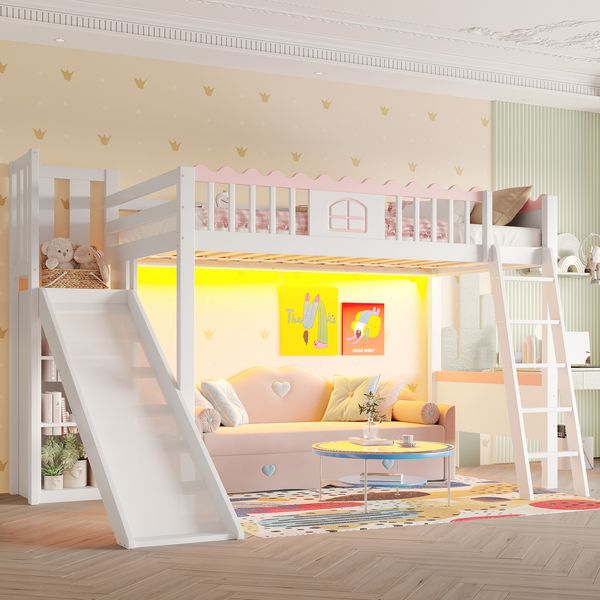 Hochbett, Einzelbett(Ohne Matratze), Kinderbett, mit LED-Leuchten, mit Regalen, mit Rutsche, EN747 zertifiziert, Kiefernholz, 90x200cm, Weiß