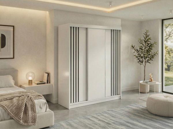 Schwebetürenschrank NAURU mit Lamellen-Optik, moderner Kleiderschrank, Breite 180 cm, inkl. Innenausstattung & Stauraum, Akustikpaneel-Design - Weiß und Schwarz - mit Schubladen