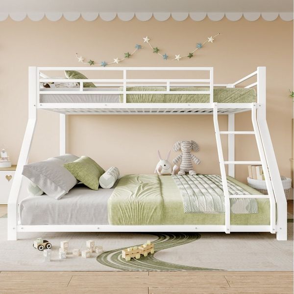 Flieks Etagenbett, Metallbett 90x200cm+140x200cm mit Schrägleiter und Geländer
