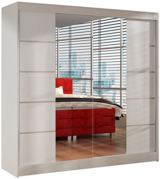 Schwebetürenschrank Basti V 200 cm mit Spiegel - Kleiderschrank mit 2 Türen, Kleiderstange und Einlegeboden, Schlafzimmerschrank, Schiebetürenschrank 200x215x58 cm (Weiß)