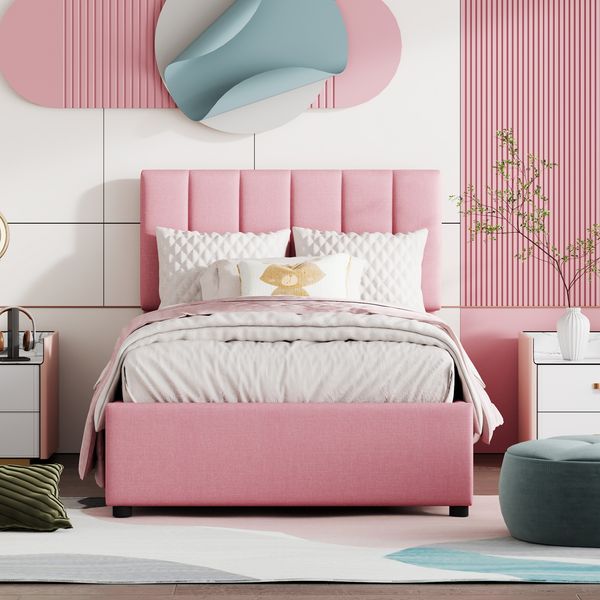 Polsterbett 90x200 cm mit hydraulischem Stauraum und verstellbarem Kopfteil – Leinen, Rosa