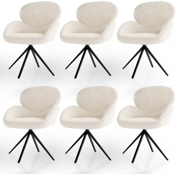 Juskys Drehstuhl Albano - Bouclé - 360° drehbar & gepolstert, pflegeleichter Bezug, verstellbare Metallfüße, modern, für Esszimmer & Küche - Creme 6er Set