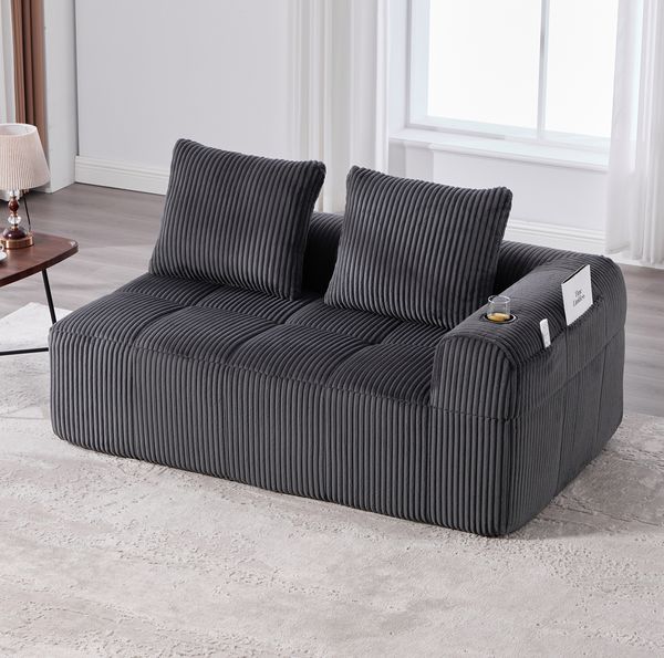 2-Sitzer Sofa 158 x 93 x 61 cm mit Seitenfächern und Becherhaltern – Cordstoff in Dunkelgrau