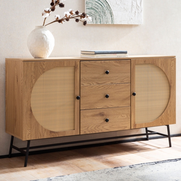 Sideboard 140x80x40cm Eiche-Dekor Rattan Modern 2 Türen 3 Schubladen Wohnzimmer Bild 2