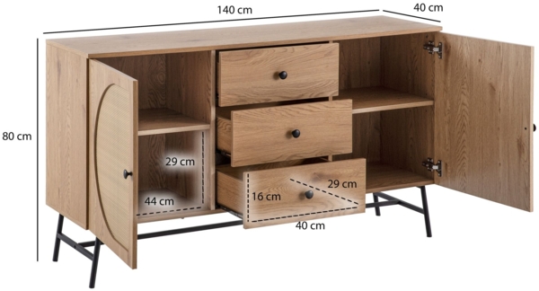 Sideboard 140x80x40cm Eiche-Dekor Rattan Modern 2 Türen 3 Schubladen Wohnzimmer Bild 4