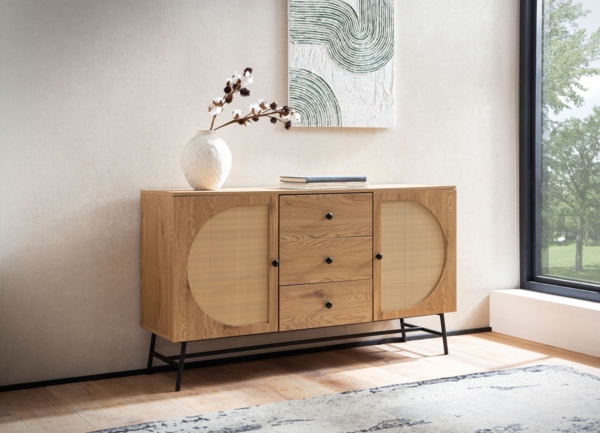 Sideboard 140x80x40cm Eiche-Dekor Rattan Modern 2 Türen 3 Schubladen Wohnzimmer Bild 3