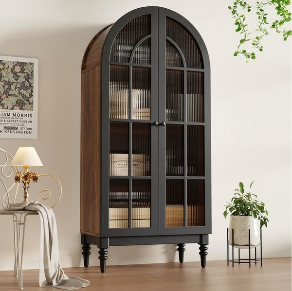 Flieks Hochschrank Bogen-Mehrzweckschrank mit Glastüren (Aufbewahrungsschrank mit Bogenform für Wohn- und Schlafzimmer, 1-St, B76/T38,5/H165 cm) Glasvitrine mit 4 Fächern Sideboard Holzoptik, Walnussfarbe & Schwarz