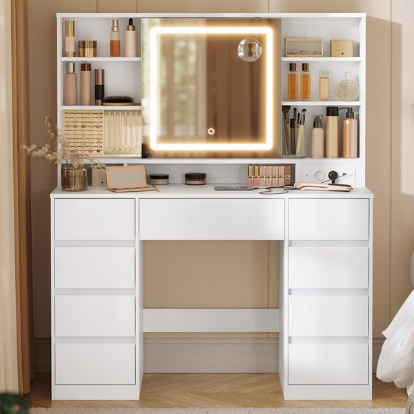 Vasagle 'Kailyn' Kollektion Schminktisch mit Spiegel und LED-Leuchten, MDF wolkenweiß, 40 x 110 x 141,5 cm