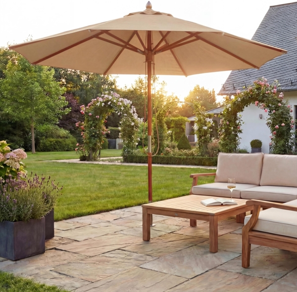 Gastronomie Holz-Sonnenschirm HWC-C57, Gartenschirm, Polyester/Holz 16kg, rund Ø4m Seilzug stoßsicher ~ creme