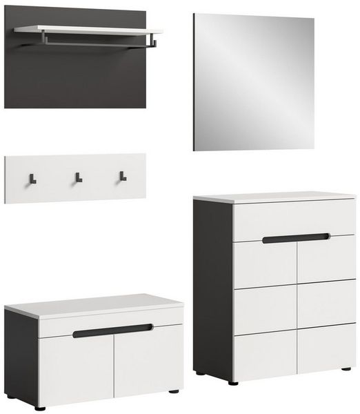 furnling Garderoben-Set Cano, (4-St, Garderobenpaneel, Schuhkommode, Sitzbank, Spiegel), Flurmöbel, Garderobenmöbel, Breite 175 cm, Basalt grau/weiß
