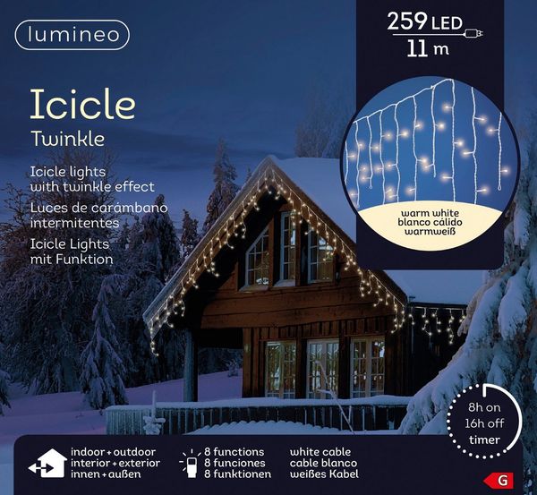 Lumineo Lichtervorhang Lumineo Lichtervorhang ICICLE TWINKLE 259 LED 11 m warm weiß, 8 Twinkle-Effekte, 8h-Timer, Indoor/Outdoor, + 5 m Zuleitung