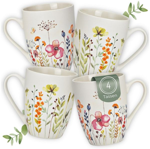 matches21 HOME & HOBBY Tasse Kaffeetassen Blumen Dekor, 4er Set Kaffeetasse Weiß, 4-tlg, Porzellan, Frühstückstasse 275 ml mit Floralem Design