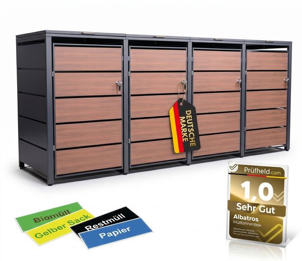 Mülltonnenbox 4er Holzdekor, 120L bis 240L, für Vier Tonnen, Mülltonnenverkleidung aus verzinktem Metall mit Holzdekor-Fron