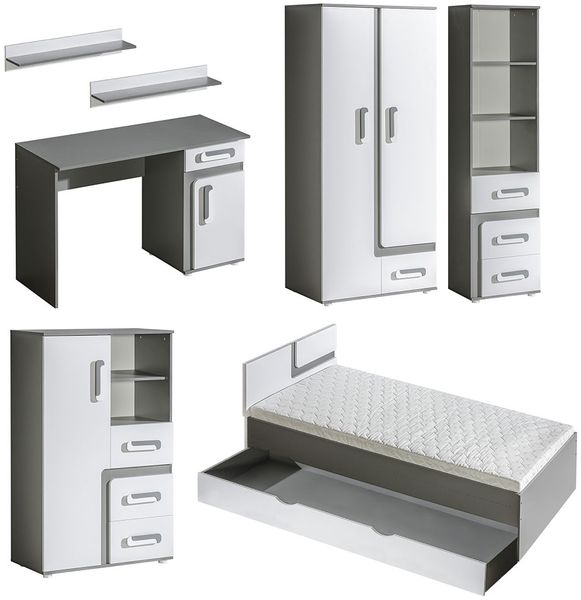 Jugendzimmer-Set Apetito 7-teilig mit Bett und Keiderschrank anthrazit weiß