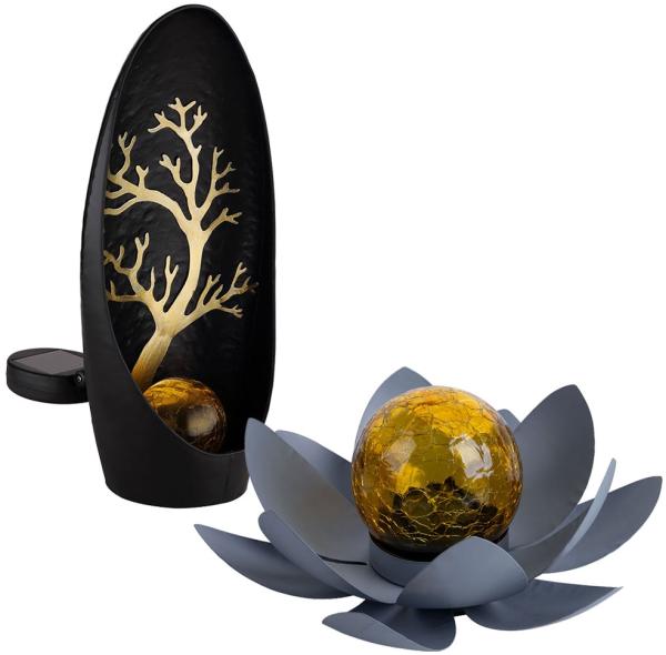 2er LED Solarleuchten, Baum, Lotusblüte, Akku, Crackleglas