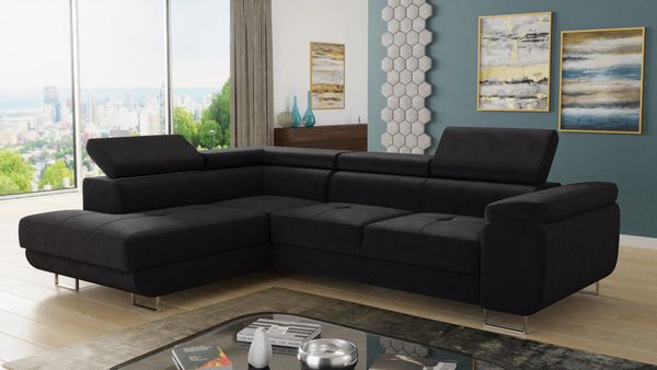 Ecksofa Caris mit Schlaffunktion, Bettkasten und einstellbare Kopfstützen (Schwarz (Kronos 07), Ecksofa Links)