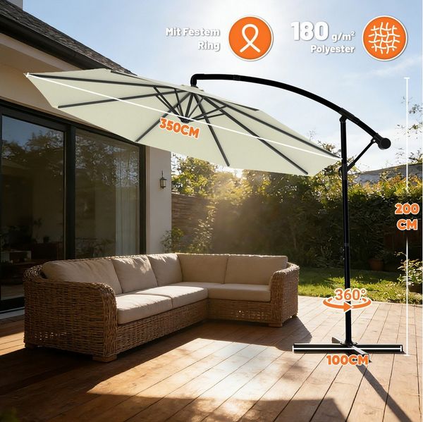 Huracan Sonnenschirm LED Solar Ø 250/300/350cm Ampelschirm mit Kurbel, Ständer, Gartenschirm Balkonschirm UV-Schutz Aluminium wasserdicht 360°neigbar