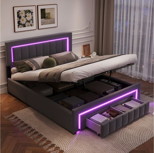 STILVORA Polsterbett 140×200 mit Matratze und bettkasten,Funktionbett Boxspringbett mit LED (verstärkter Metallrahmen, stabiler Lattenrost, Gepolstertes Kopfteil, Bettkasten mit Hydraulik, Bettgestell mit Gepolstertes Kopfteil), mit einem Hebeseil, Sam...