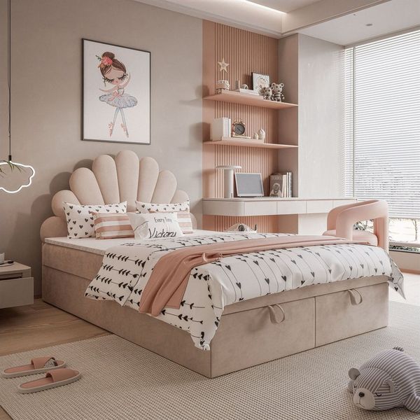 Lookway Boxspringbett ASHLEY Polsterbett mit Muschel-Kopfteil und Bettkasten (Boxspringbett mit Topper), gepolstertes Kopfteil