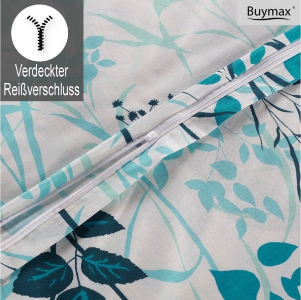 Buymax Bettwäsche Blue Garden, Renforce: 100% Baumwolle, 3 teilig, Bettwäsche-Set in 200x220 cm, mit Reißverschluss, Blumen, Weiß, Blau Bild 3
