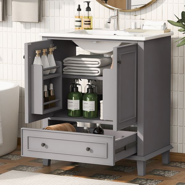 76x46x87cm Bodenstehender Badezimmerschrank mit Waschbeck, Waschtisch,Beine aus Massivholz, Volllackierung, feuchtigkeits- und wasserdicht, großer Stauraum, integriertes Keramikwaschbecken, Grau