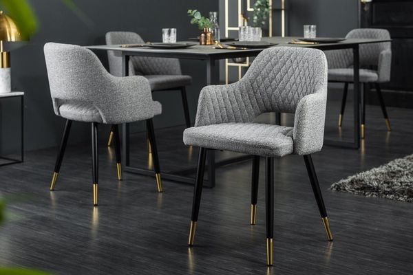 riess-ambiente 4-Fußstuhl PARIS hellgrau / schwarz gold (Einzelartikel, 1 St), Esszimmer · Strukturstoff · Metall · mit Armlehne · Ziersteppung