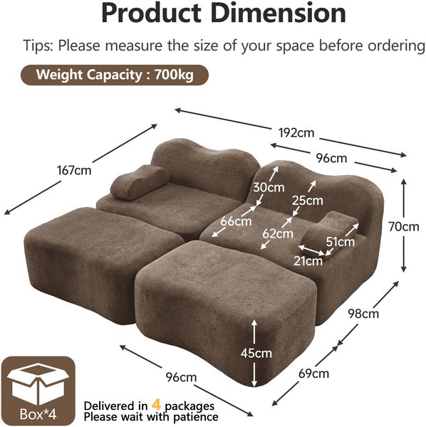 2-Sitzer modulares Sofa H 70 x T 192 x B 167 cm aus Samt mit 2 Ottomane, rahmenlos, braun Bild 5