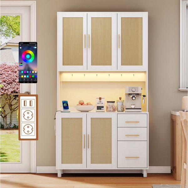 Flieks Küchenbuffet mit LED-Beleuchtung, Steckdosen und Haken (Buffet mit Rattantüren und Schubladen, 1-St, B100/T40/H183 cm) Hochschrank Küchenschrank Geschirrschrank mit verstellbare Ablagen