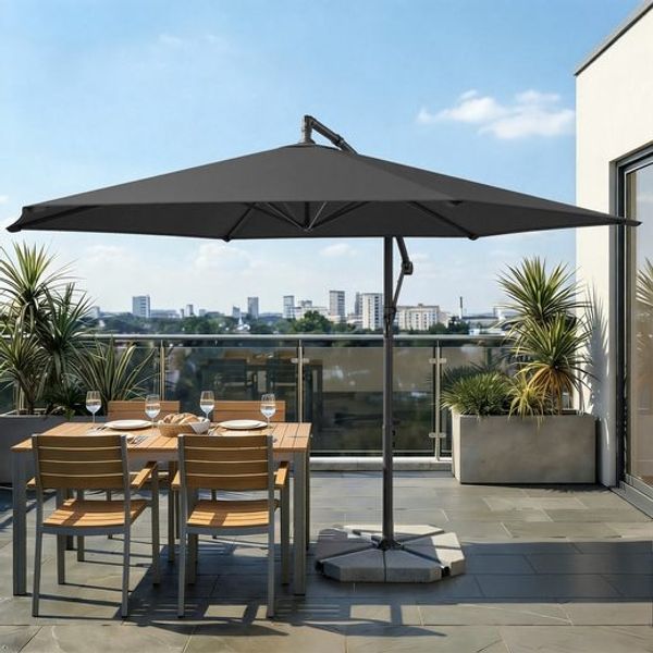SONGMICS Ampelschirm 350 cm, UV-Schutz UPF 50+, Sonnenschirm mit Ständer, für Garten Terrasse, Kurbel, grau