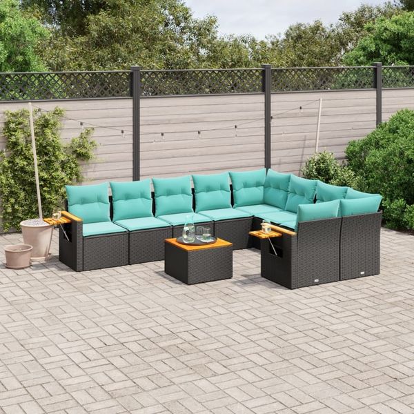 vidaXL 10-tlg. Garten-Sofagarnitur mit Kissen Schwarz Poly Rattan 3227149