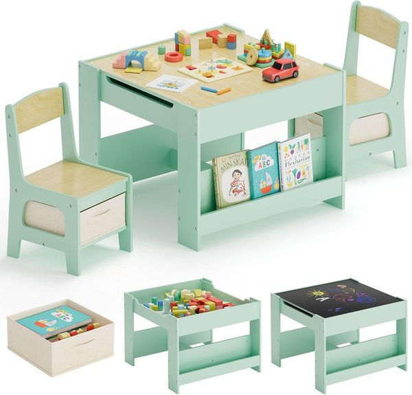 TLGREEN Kindersitzgruppe 3-in-1 Multifunktional mit Whiteboard & Kreidetafel, (Maltisch & Schreibtisch mit Großen Stauraum & Buchständer, Spieltisch für Lego Kinderzimmer), Klappbar, Sicher, für Jungen Mädchen ab 3-6 Jahren