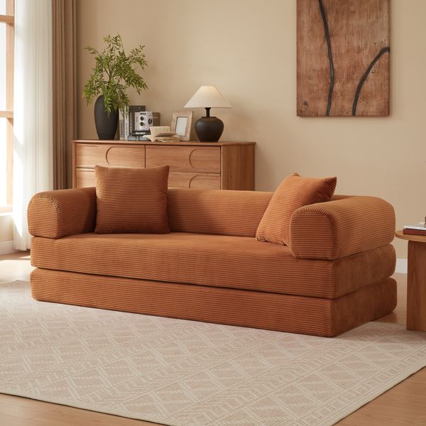 Sofa in Terracotta, wandelbar zum Schlafsofa, Veloursbezug, Kaltschaum, stabile Konstruktion,59 x 195 x 89 cm