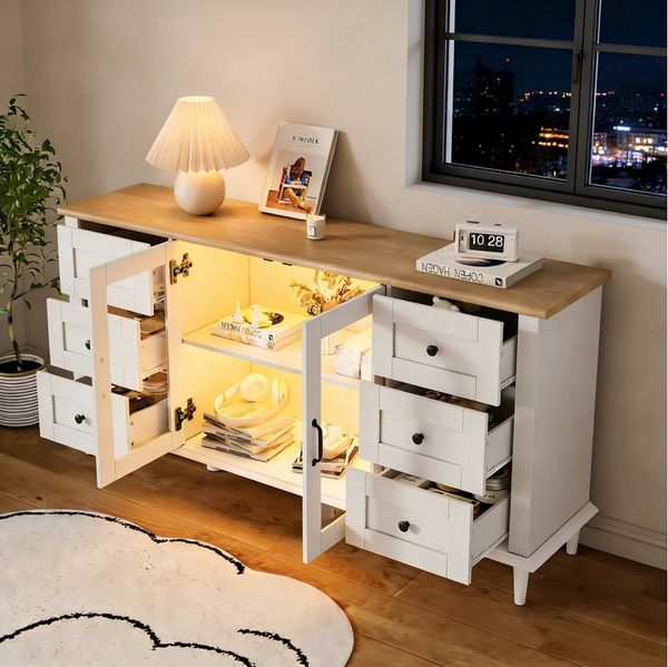 Merax Sideboard mit LED-Leuchten, Wohnzimmerschrank in Weiß und Holzton (Beistellschrank Esszimmerschrank, 1 St), Kommode mit 6 Schubladen, 2 Acryl Türen & Stauraum, 150x40x75cm