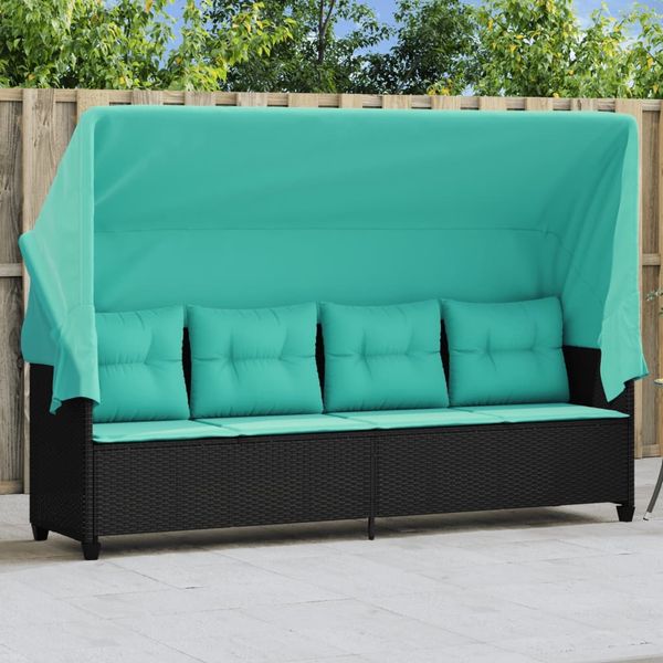 Sonnenliege, Gartenliege mit Dach und Kissen Schwarz Poly Rattan