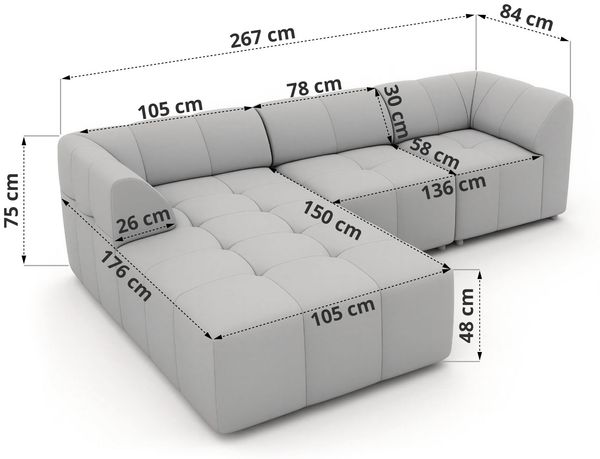 Modernes Wohnzimmer Sofa VORITA 3M L Freistehendes Ecksofa, L-Couch, Gepolstertes Sofa, Wellenfedern - Dunkelgrau Velvet - Rechts Bild 5